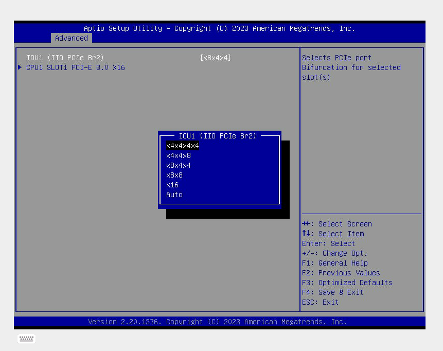 How to change the PCIe slot# Bifurcation setting to "x4x4x4x4" inside the BIOS Dual CPU