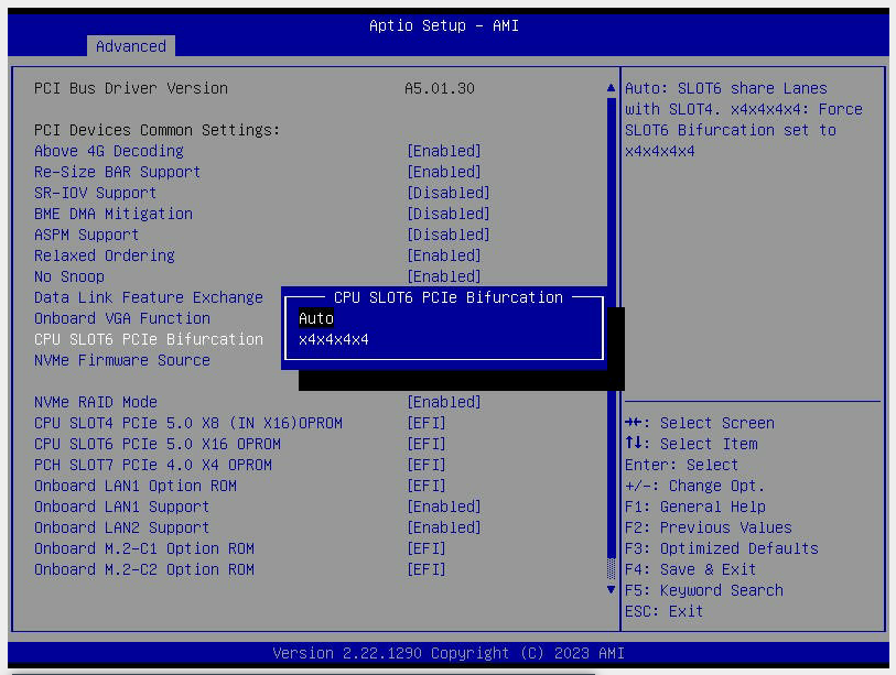 How to change the PCIe slot# Bifurcation setting to "x4x4x4x4" inside the BIOS Single CPU